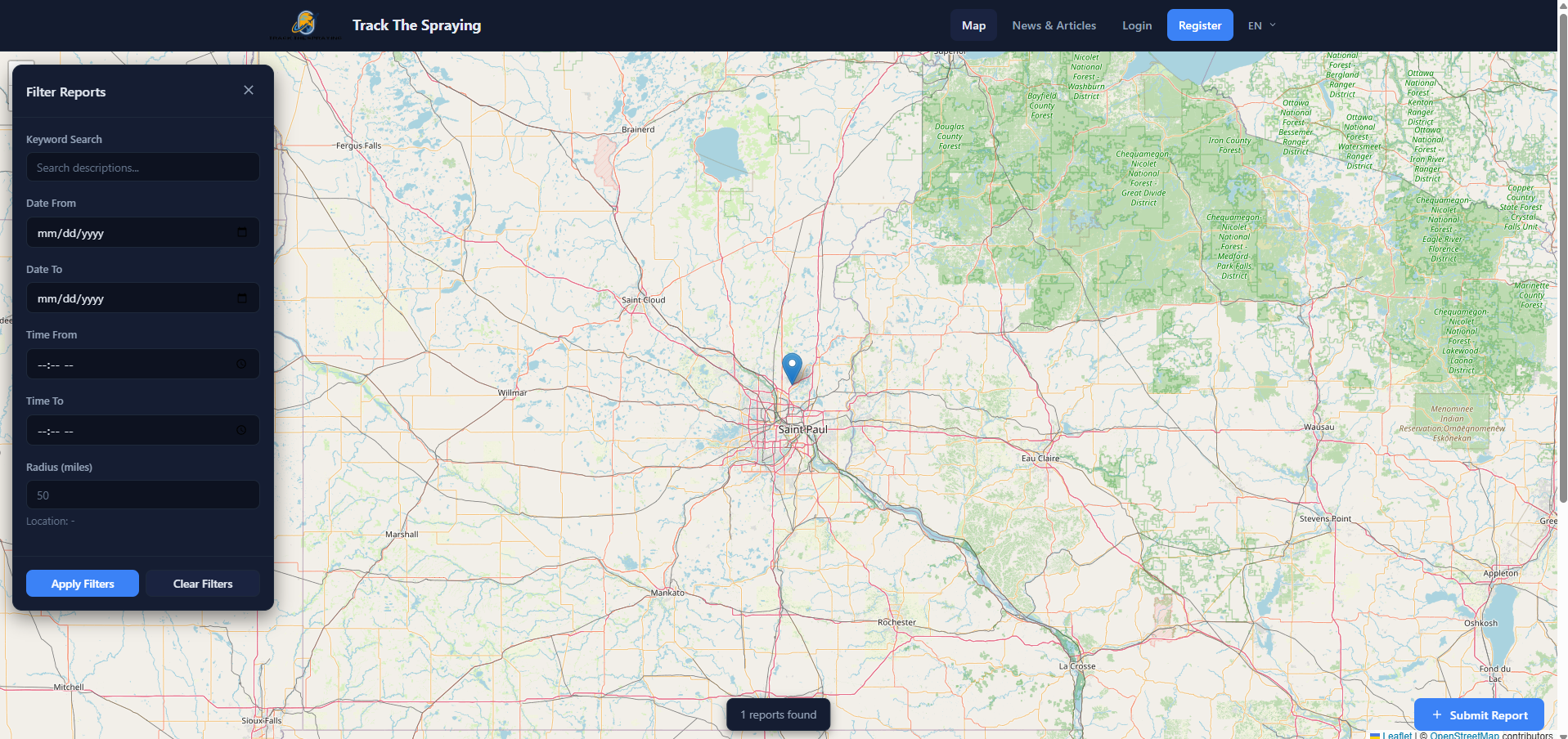 Track The Spraying homepage showing the interactive sightings map with pins, Filter Reports button, and Submit Report button