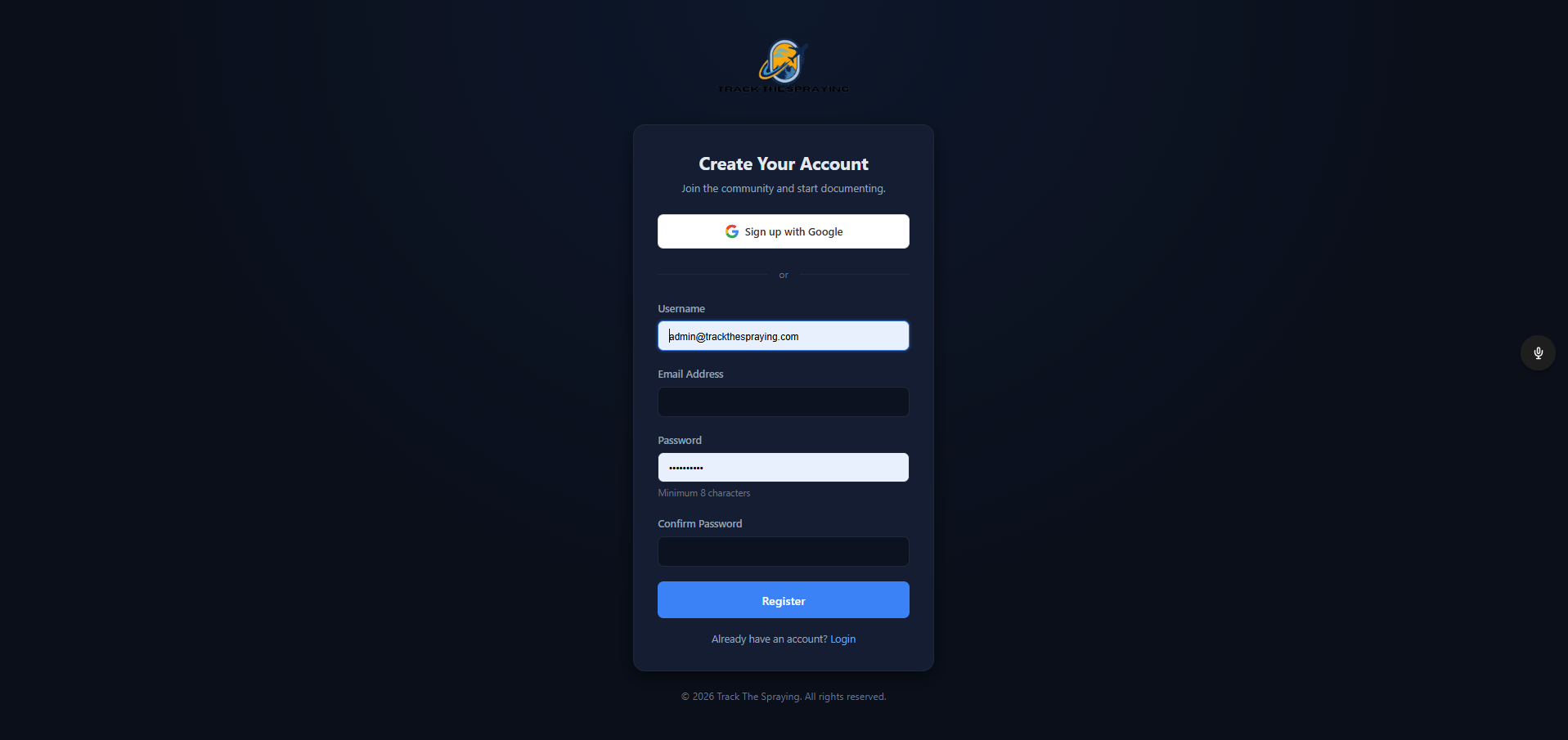 Registration page with username, email, password fields, Google sign-up option, and Register button